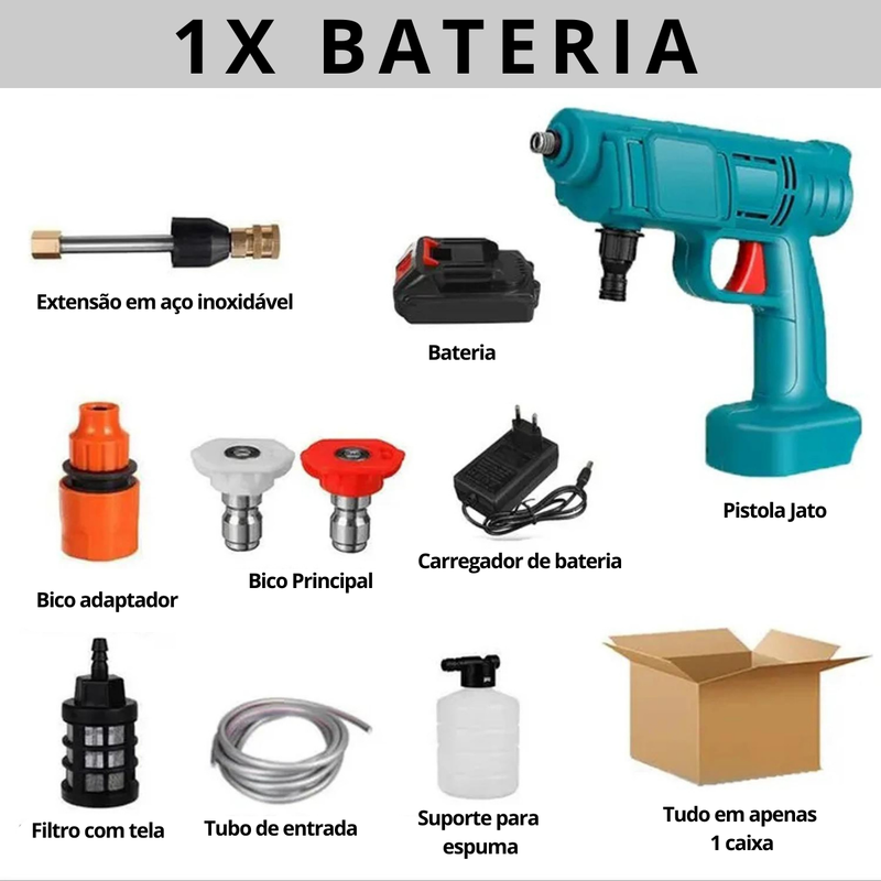 Lavadora de Alta Pressão 200W com Pistola de Água e Gerador de Espuma - 50Bar, Bateria de 15000mAh, Ideal para Carros e Uso Doméstico