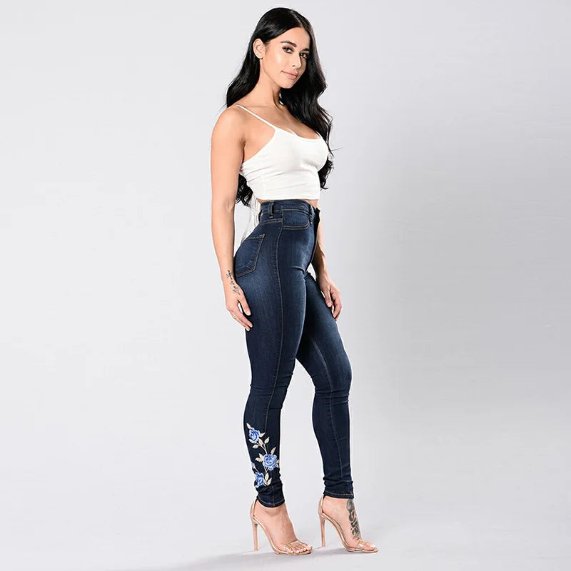 Jeans Femininos de Cintura Alta Bordados - Slim Stretch Denim Calças Lápis Tamanhos S-3XL