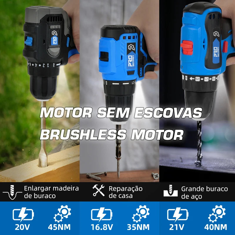 Furadeira Elétrica Brushless e Parafusadeira Sem Fio 16.8V/21V/20V, 35/40/45 Nm, com Bateria de Íon de Lítio - PROSTORMER