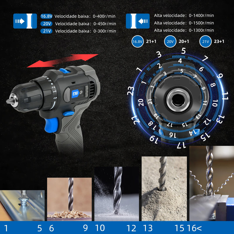 Furadeira Elétrica Brushless e Parafusadeira Sem Fio 16.8V/21V/20V, 35/40/45 Nm, com Bateria de Íon de Lítio - PROSTORMER