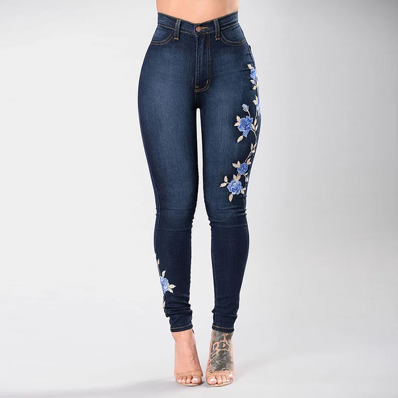 Jeans Femininos de Cintura Alta Bordados - Slim Stretch Denim Calças Lápis Tamanhos S-3XL