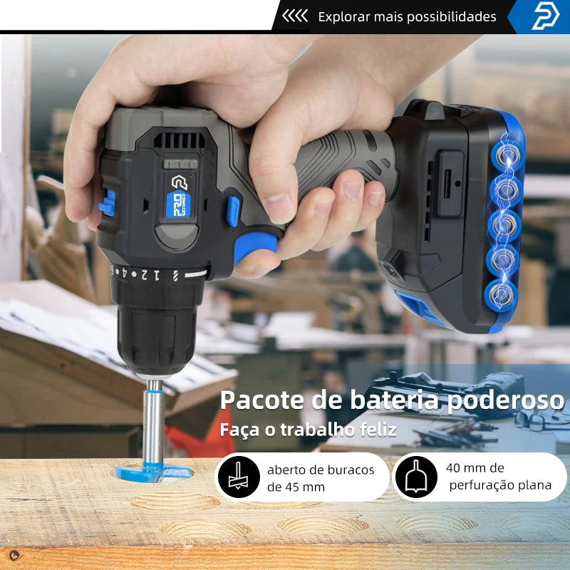 Furadeira Elétrica Brushless e Parafusadeira Sem Fio 16.8V/21V/20V, 35/40/45 Nm, com Bateria de Íon de Lítio - PROSTORMER