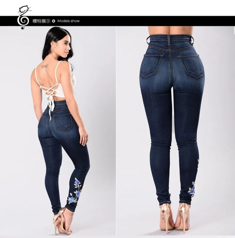 Jeans Femininos de Cintura Alta Bordados - Slim Stretch Denim Calças Lápis Tamanhos S-3XL