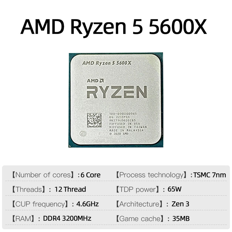 Processador AMD Ryzen 5 5600X 6 Núcleos, 12 Threads, 4.6GHz, 35MB Cache, TDP 65W, Socket AM4 - Ideal para PC Gamer