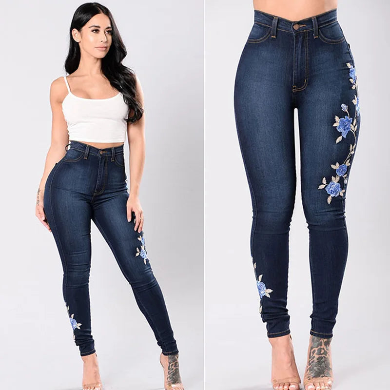 Jeans Femininos de Cintura Alta Bordados - Slim Stretch Denim Calças Lápis Tamanhos S-3XL