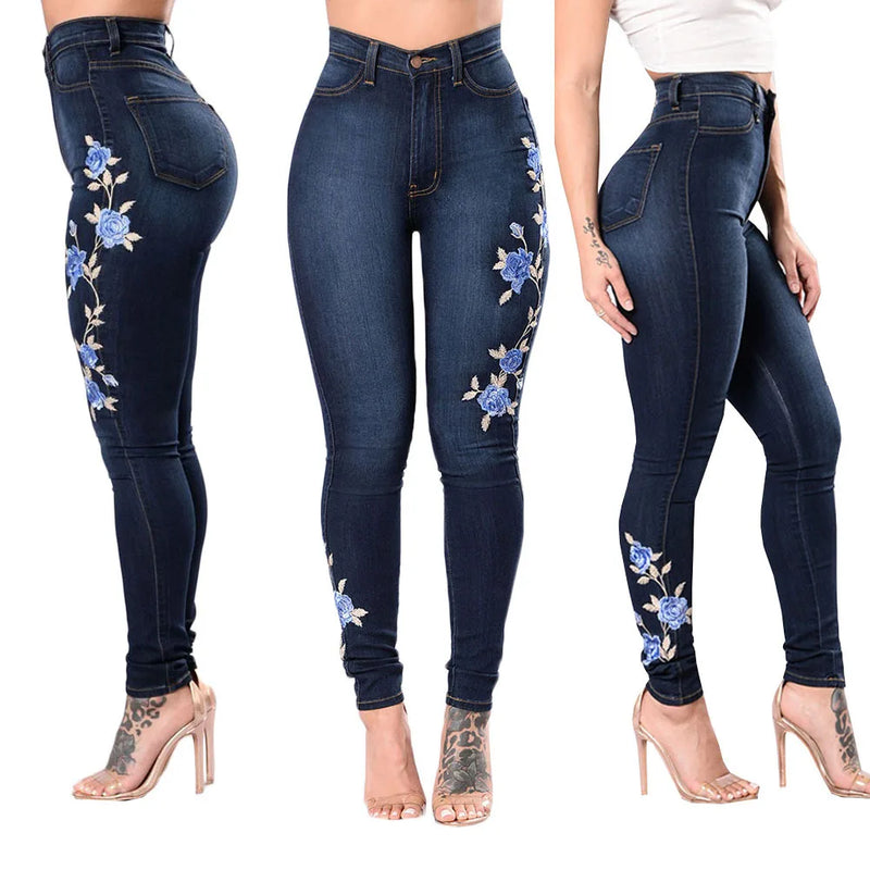 Jeans Femininos de Cintura Alta Bordados - Slim Stretch Denim Calças Lápis Tamanhos S-3XL